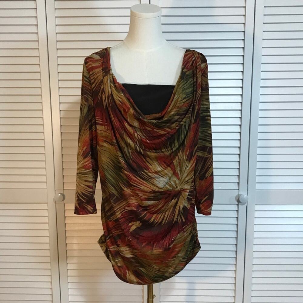 IN Studio Boho Y2K Feather Print Cowl Neck 3/4 Sleeve Layered Cami Blouse L